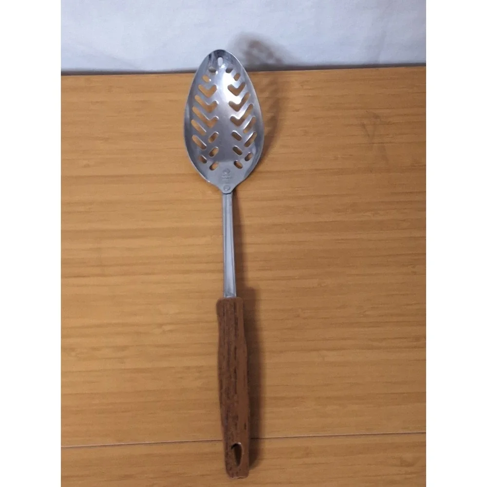 Vintage EKCO USA Stainless Steel Serving Spoon Utensil With Faux Wooden Handle